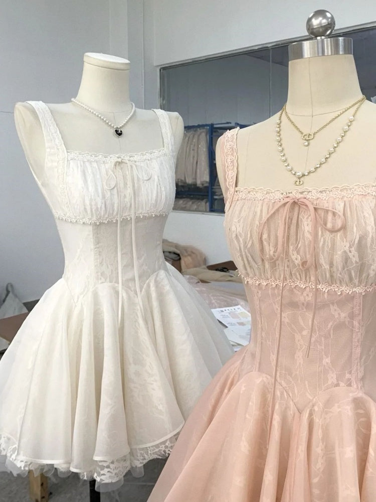Vestido de fiesta corto rosa con escote cuadrado y encaje, para octavo grado, de cóctel y escuela secundaria, DH2083