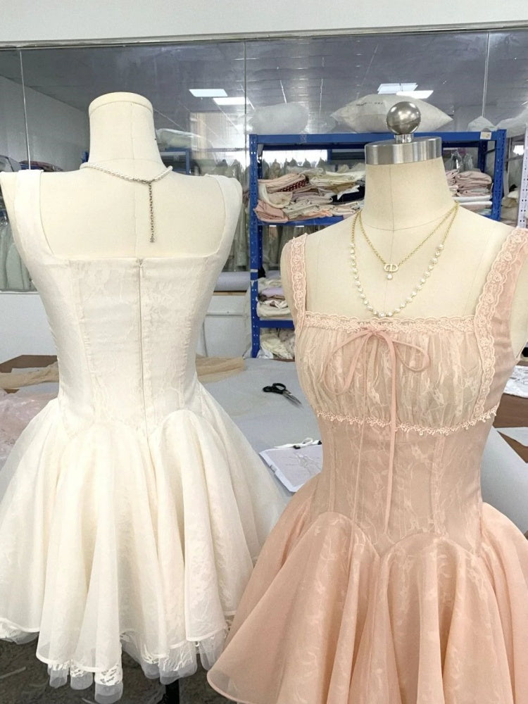 Vestido de fiesta corto rosa con escote cuadrado y encaje, para octavo grado, de cóctel y escuela secundaria, DH2083