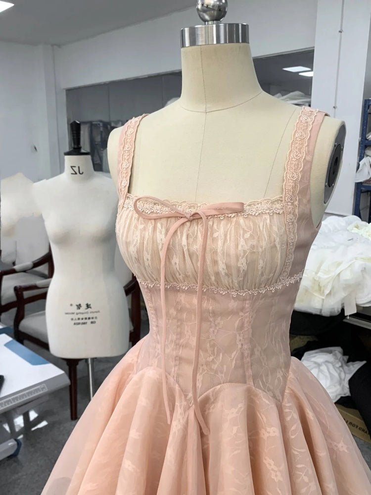 Vestido de fiesta corto rosa con escote cuadrado y encaje, para octavo grado, de cóctel y escuela secundaria, DH2083