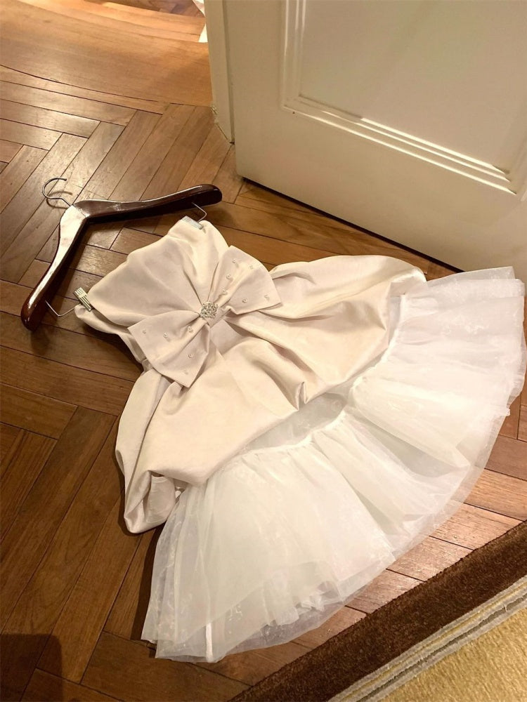 Cute Ball Gown Strapless White Satin Formal 8th Grade Homecoming Dresses Middle School Short Cocktail Gowns Graduation Dress Hoco Outfits DH2094