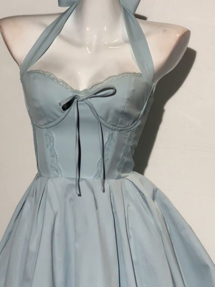 Vestidos de fiesta azules sencillos de corte A con cuello halter para octavo grado, vestidos cortos de fiesta para escuela secundaria, vestidos de cumpleaños y graduación, trajes Hoco DH2095