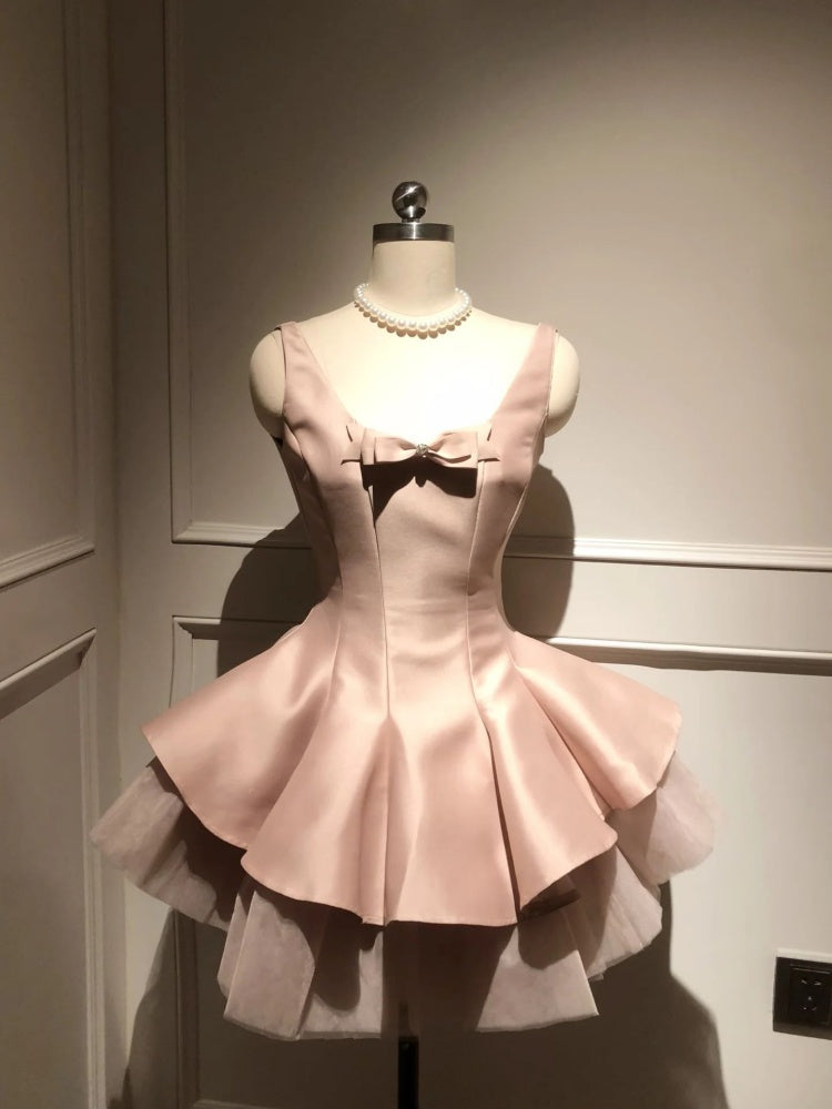 Vestido corto de cóctel para escuela secundaria, corte A, escote redondo, satén rosa, para fiesta de 8.º grado, Hoco Outfits DH2096