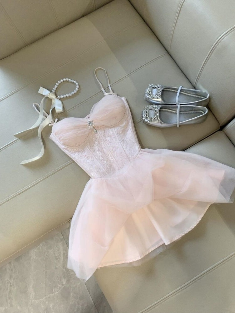 Vestidos de fiesta de tul rosa con corte en A y tirantes finos para octavo grado, vestidos cortos de fiesta para secundaria, vestidos de cumpleaños, vestidos de graduación, trajes Hoco DH2097