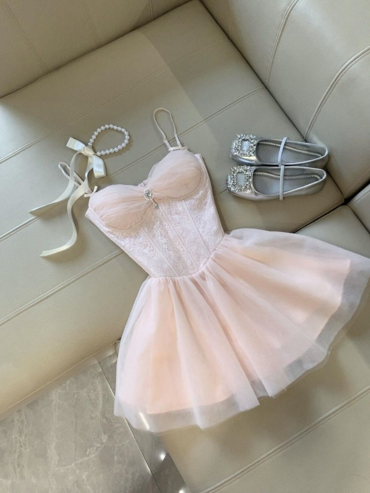 Vestidos de fiesta de tul rosa con corte en A y tirantes finos para octavo grado, vestidos cortos de fiesta para secundaria, vestidos de cumpleaños, vestidos de graduación, trajes Hoco DH2097