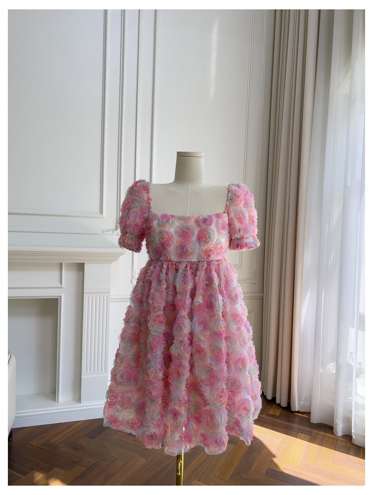Vestido de fiesta único con escote cuadrado, floral, rosa, corto, formal, para octavo grado, vestido de cóctel corto para secundaria, trajes Hoco DH2115