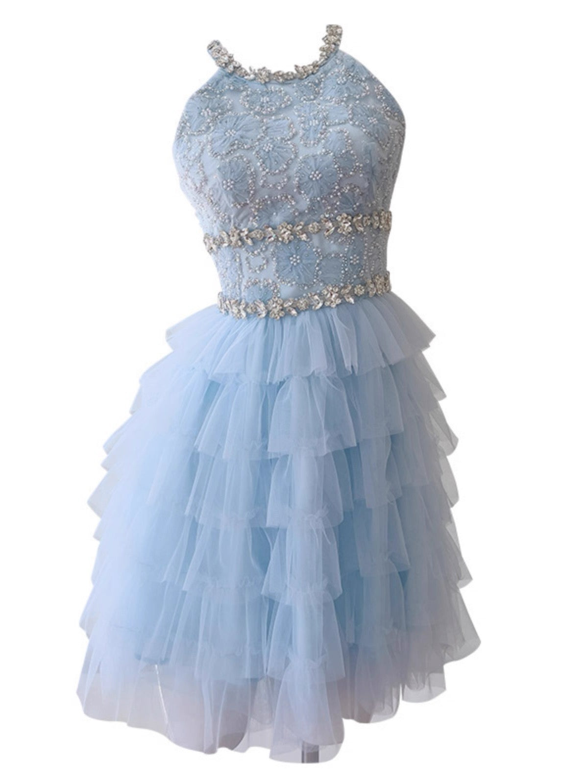 Vestido de fiesta de tul azul cielo claro con escote joya, corte A, para octavo grado, para escuela secundaria, corto, para cumpleaños número 18, para graduación, Hoco Dresses DH2130