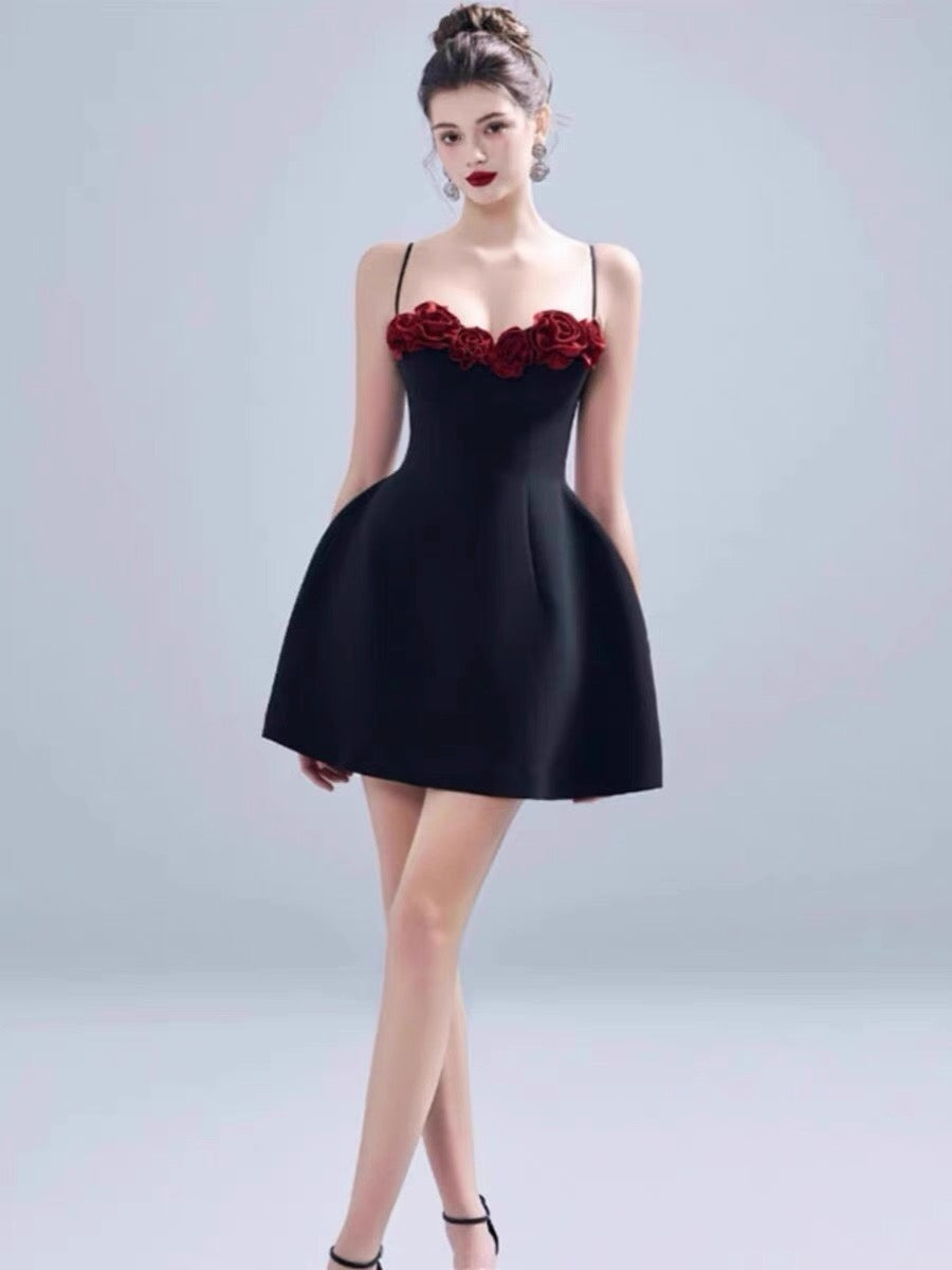 Vestido corto de satén negro con tirantes finos, corte A, para cóctel, graduación, Hoco, DH2203