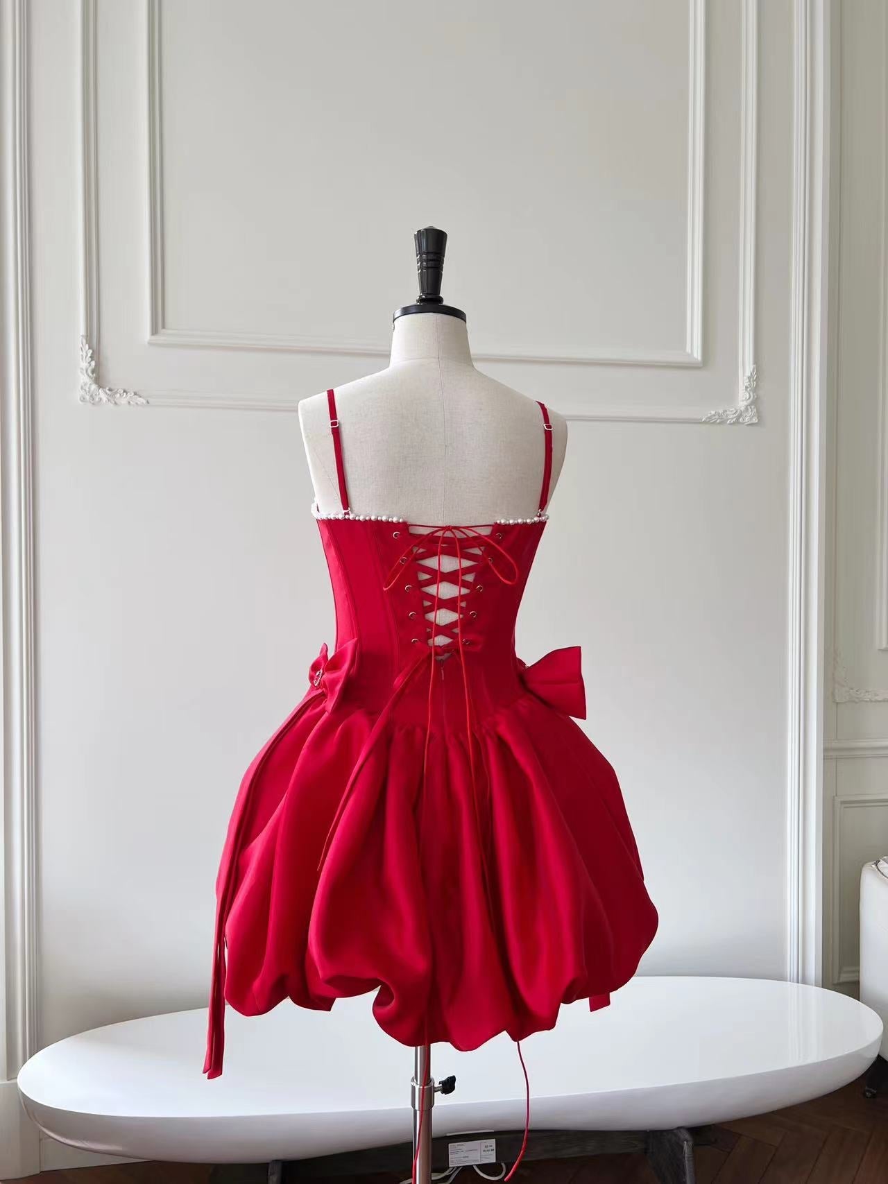 Vestido de fiesta modesto con tirantes finos, satén rojo, corto, formal, para regreso a casa, para estudiantes de secundaria, para cumpleaños número 18, vestido de graduación, vestido de cóctel DH2291
