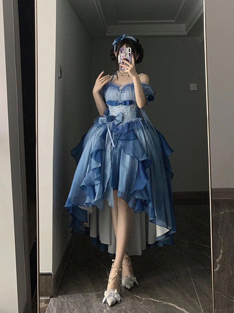 Vestido de fiesta vintage con hombros descubiertos y media manga para 21 cumpleaños, vestido lolita azul, atuendos para 20 cumpleaños DH2420
