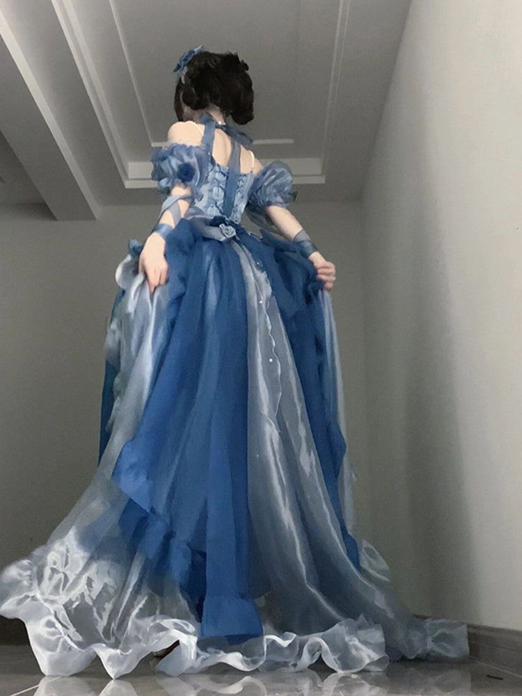 Vestido de fiesta vintage con hombros descubiertos y media manga para 21 cumpleaños, vestido lolita azul, atuendos para 20 cumpleaños DH2420