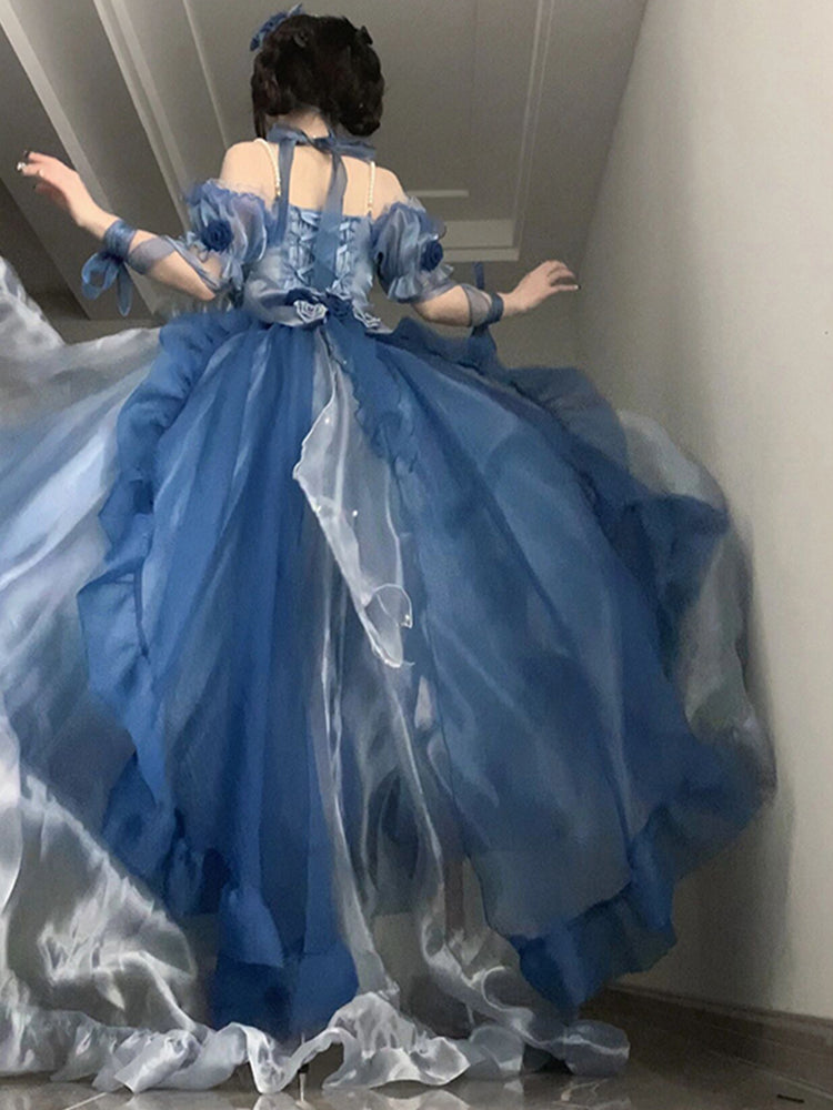 Vestido de fiesta vintage con hombros descubiertos y media manga para 21 cumpleaños, vestido lolita azul, atuendos para 20 cumpleaños DH2420