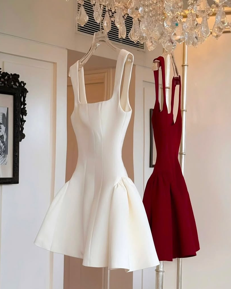 Vestido de fiesta corto rojo con escote cuadrado y corte en A, estilo minivestido de cóctel de verano DH2471