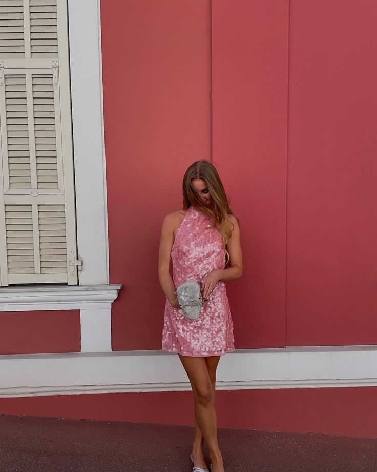 Vestidos de fiesta formales de lentejuelas rosas, cuello alto, corte A, modestos, para el 18.º cumpleaños, vestidos de graduación, vestidos cortos tipo hoco DH2522