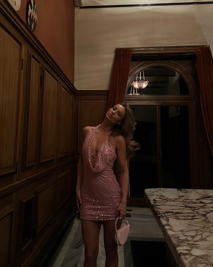 Vestido de fiesta corto con cuello halter, ajustado, con lentejuelas rosas, para graduación, para 18 cumpleaños, DH2527