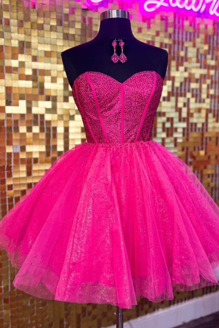 Vestido de fiesta retro con escote corazón de tul rosa intenso, vestido formal de regreso a casa, vestido de baile de graduación de octavo grado, vestido corto mini DH2563