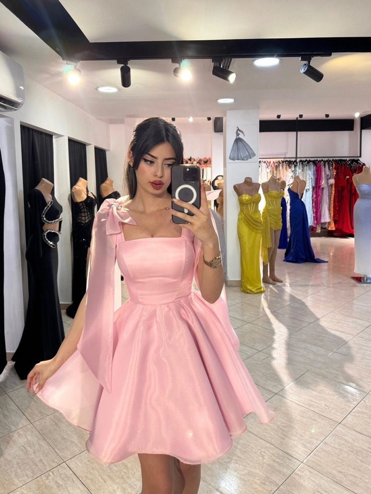 Bonitos vestidos de fiesta cortos de satén rosa con tirantes en forma de A para octavo grado, vestido de cóctel para secundaria, trajes Hoco DH2573