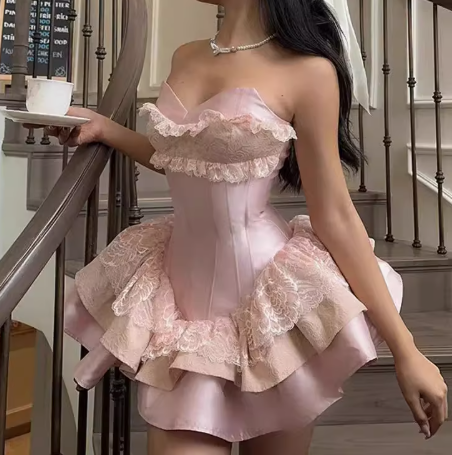 Vestido de princesa con escote corazón, de satén rosa y encaje, corto, formal, para el regreso a casa de octavo grado, vestido de cóctel para secundaria, trajes Hoco DH2597