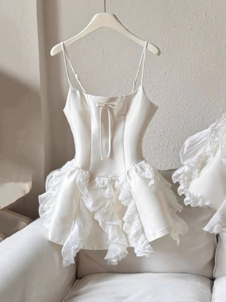 Hermosos vestidos de fiesta de satén blanco con tirantes finos, corte A, para baile de graduación de octavo grado, vestidos cortos tipo hoco DH2622