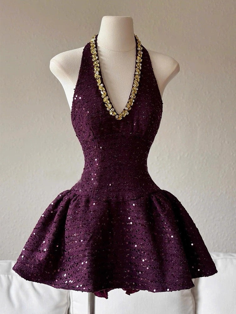 Hermoso vestido de fiesta con cuello halter y lentejuelas color uva, vestido formal de regreso a casa, vestido de graduación de octavo grado, vestido corto Hoco DH2631