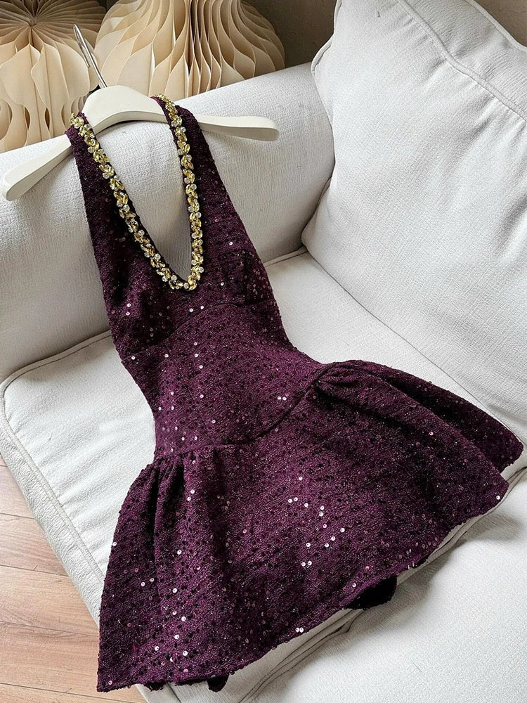 Hermoso vestido de fiesta con cuello halter y lentejuelas color uva, vestido formal de regreso a casa, vestido de graduación de octavo grado, vestido corto Hoco DH2631