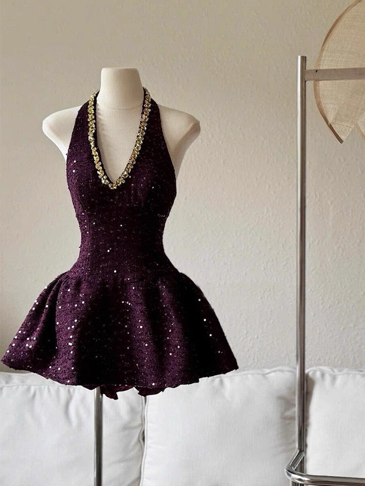 Hermoso vestido de fiesta con cuello halter y lentejuelas color uva, vestido formal de regreso a casa, vestido de graduación de octavo grado, vestido corto Hoco DH2631