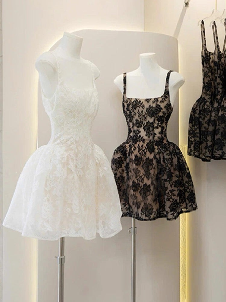 Vestido de fiesta cuadrado, negro, corto, de encaje, para 8.º grado, de cóctel, para escuela secundaria, DH2638