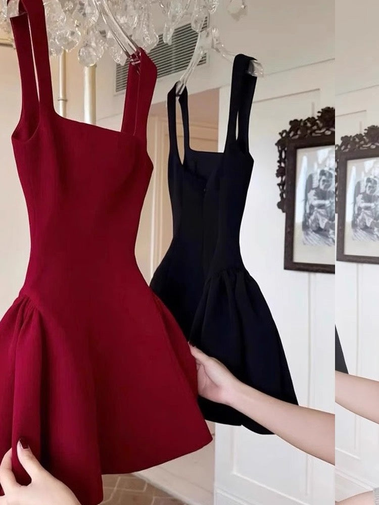Vestido corto rojo de fiesta con escote cuadrado y corte A, ideal para bailes de verano, minivestido de cóctel DH2643