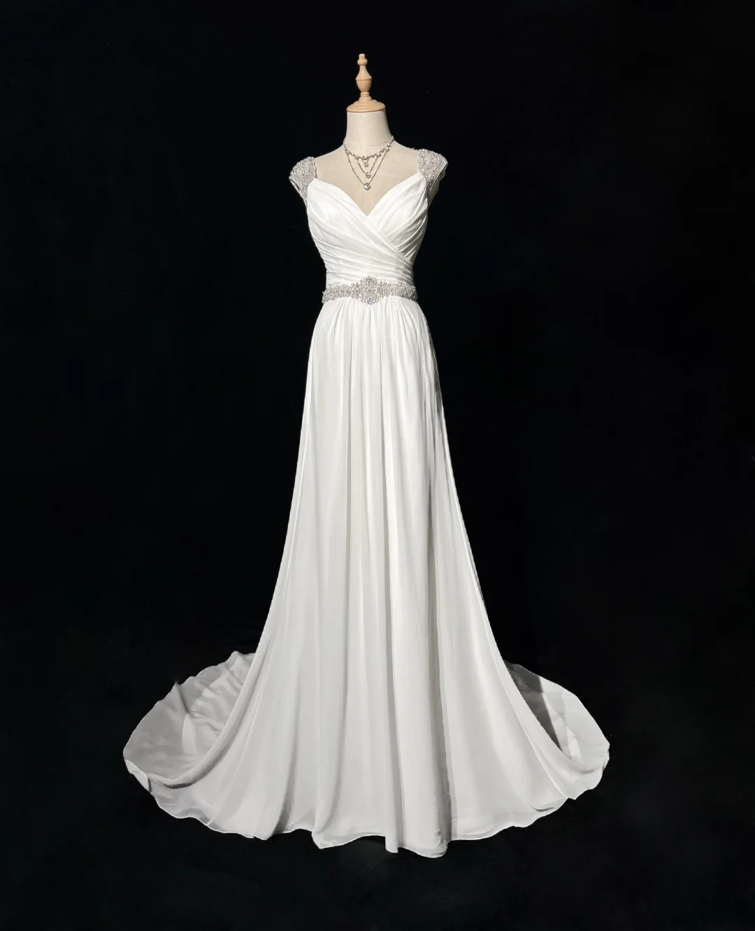 Vestido de novia vintage, corte A, escote corazón, gasa, cuentas plateadas, blanco, largo, estilo retro, modesto, DH2678