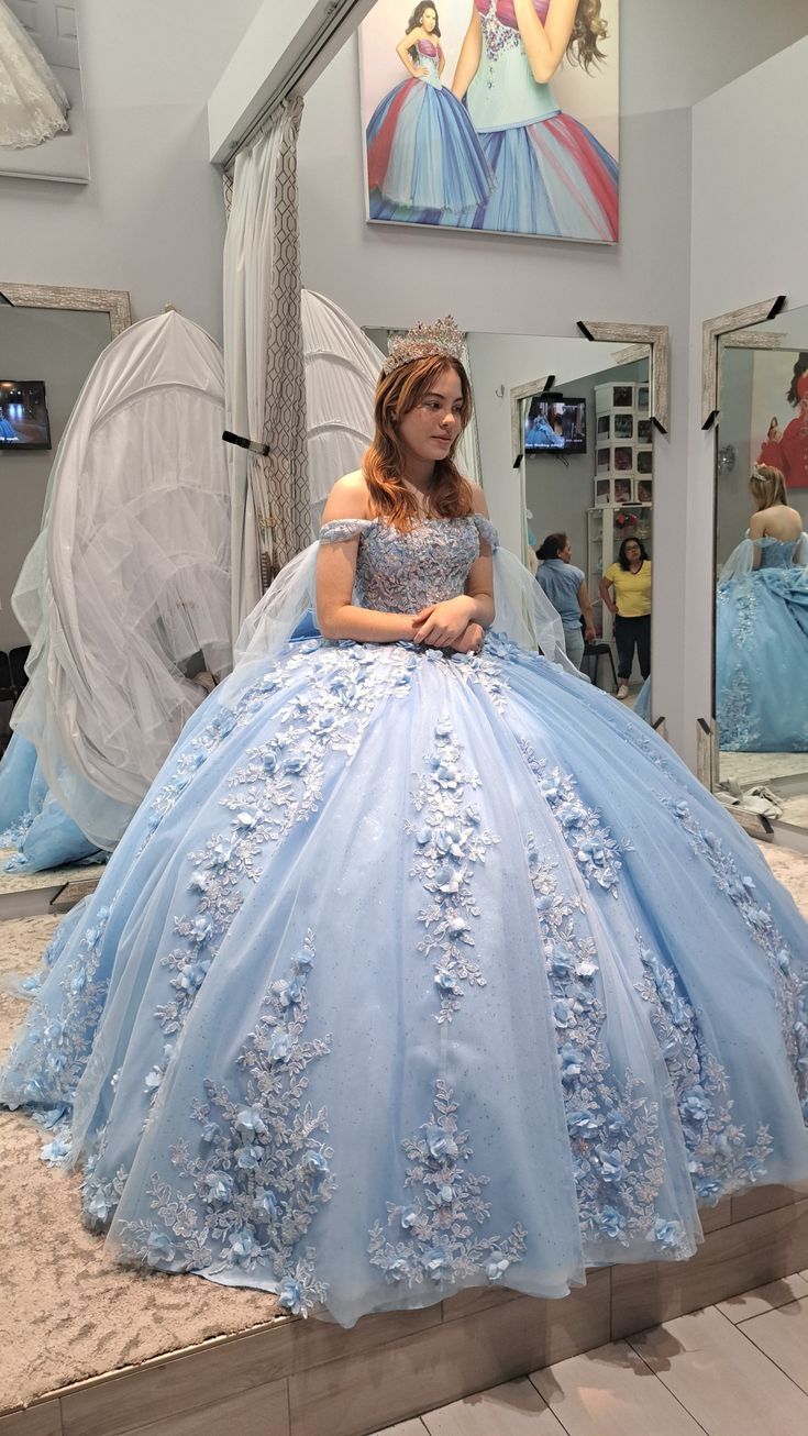 Hermosos vestidos de fiesta con apliques azules, vestidos formales de tul con hombros descubiertos, vestido largo de quinceañera, vestido de dulces 16 DH2695