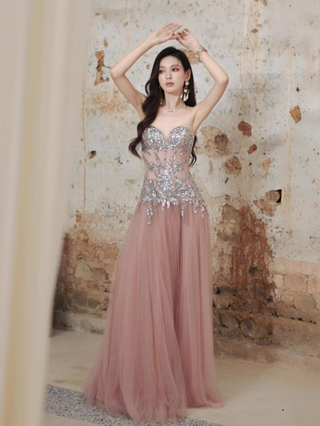 Vestido formal modesto con escote corazón y lentejuelas de tul rosa, vestido de noche brillante para 16 cumpleaños DH2704