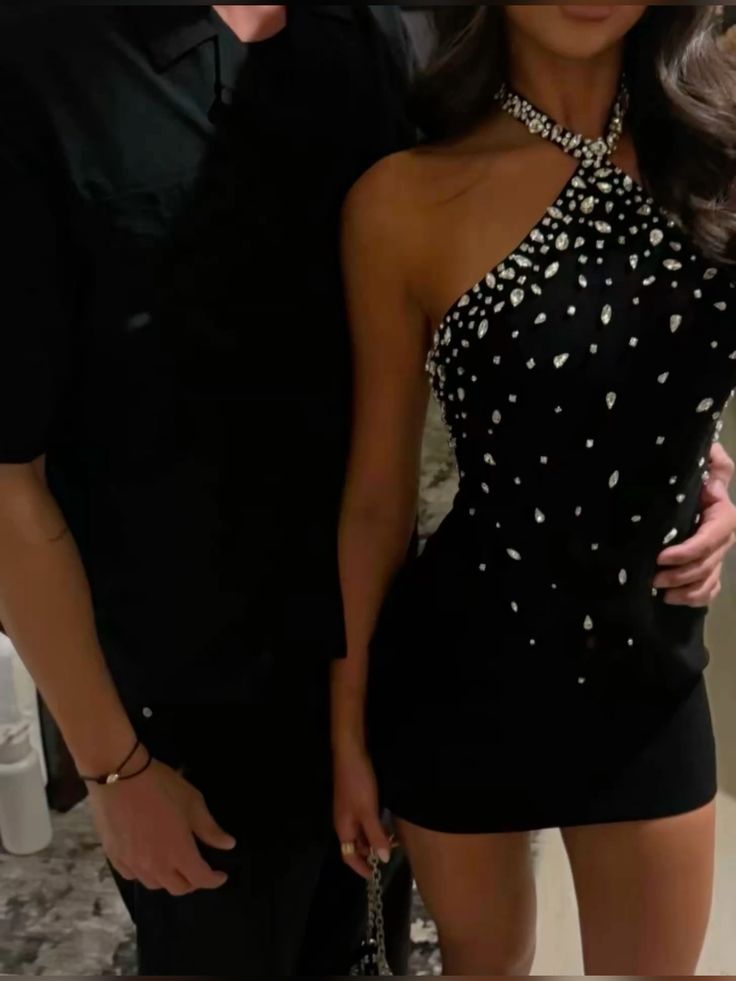 Vestido corto ajustado con cuello halter, brillante, con cuentas negras y plateadas, para fiesta de bienvenida, elegante, para noche, para cumpleaños número 18, DH2705