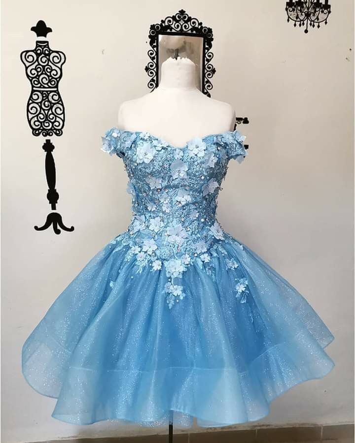 Hermoso vestido de fiesta azul con hombros descubiertos y encaje, corto, formal, para octavo grado, vestido de verano para escuela secundaria, traje de fiesta DH280
