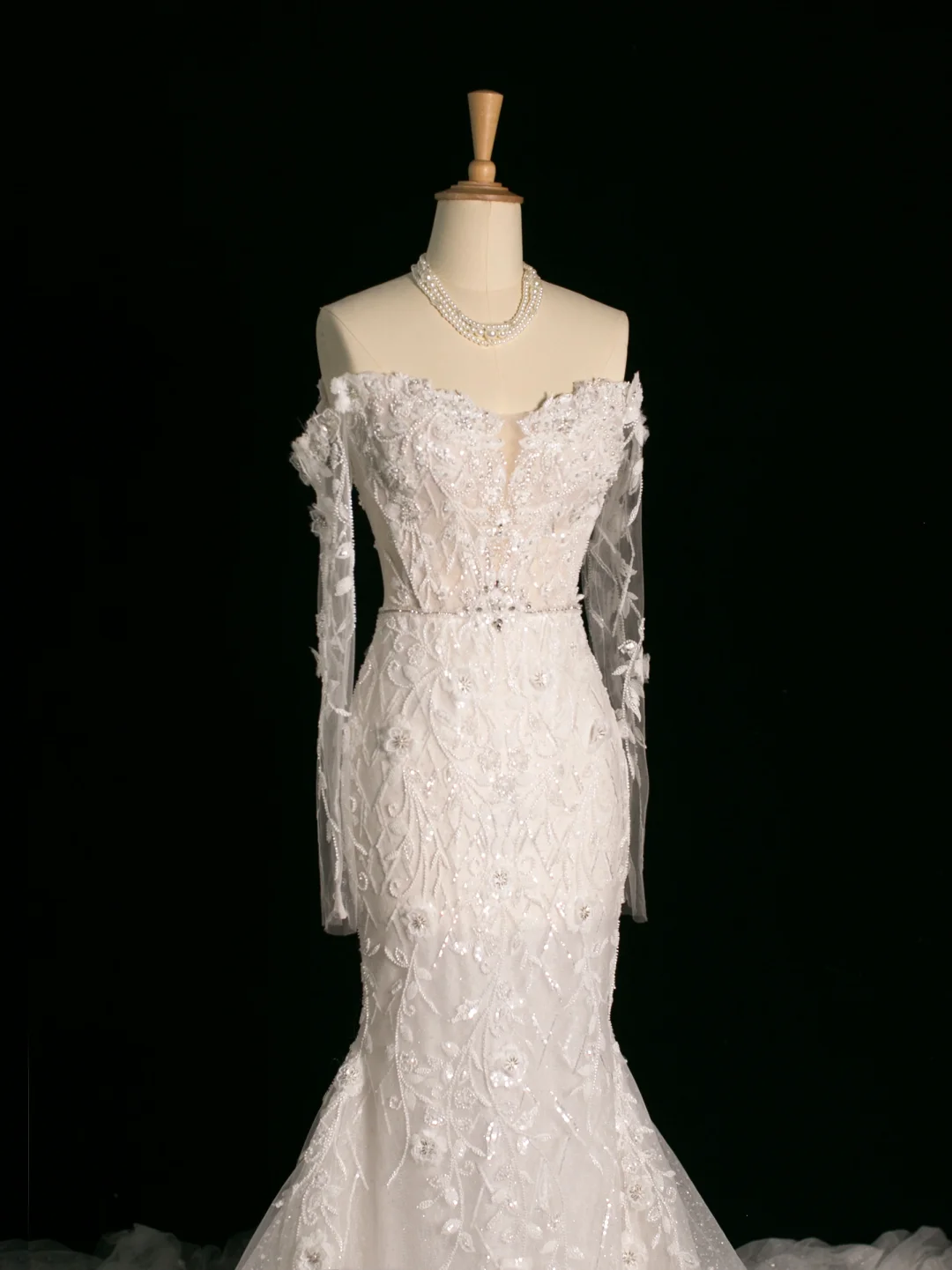 Vestido de novia elegante de corte sirena con hombros descubiertos, blanco, manga larga, encaje, estilo vintage, DH387