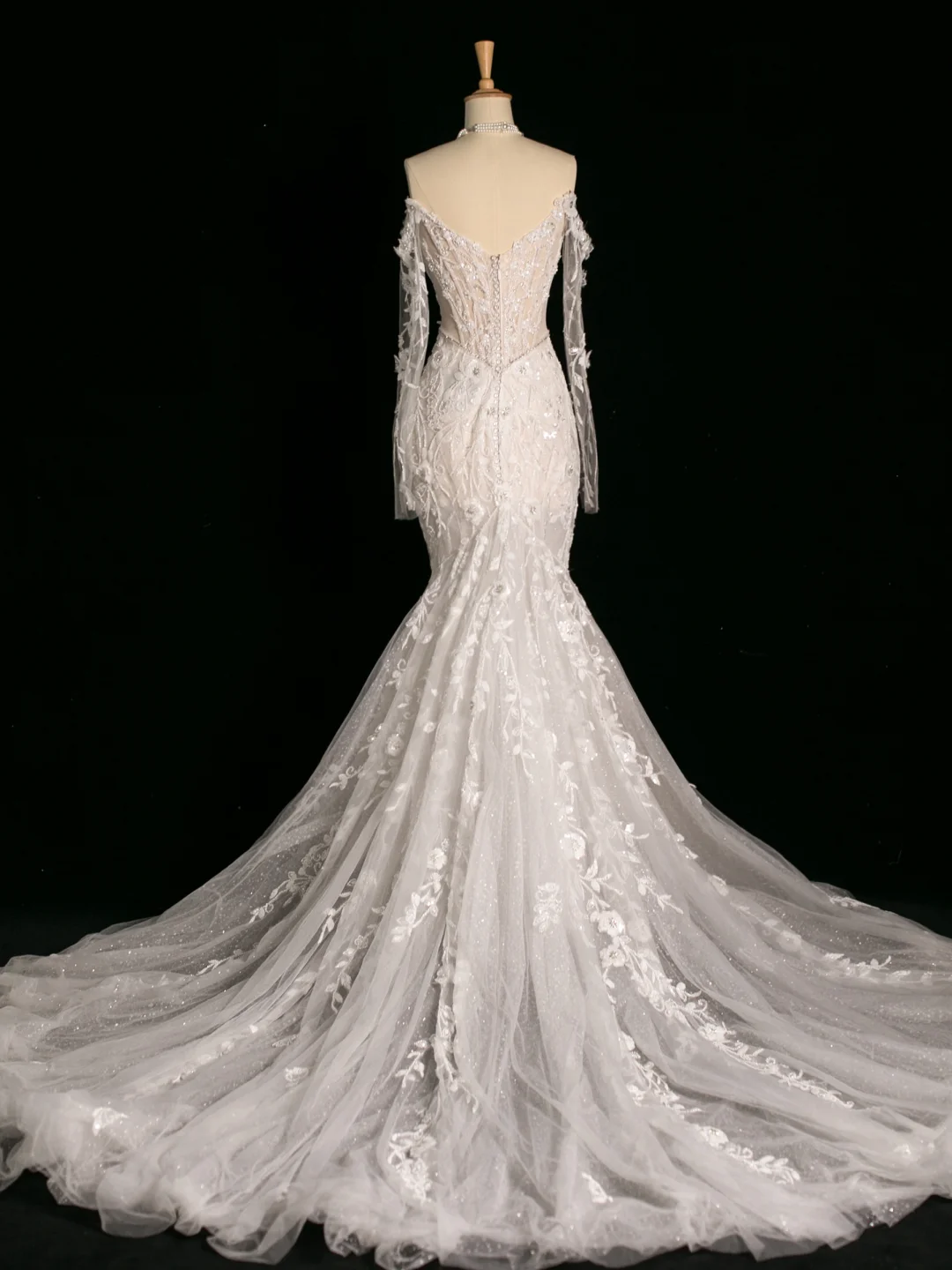 Vestido de novia elegante de corte sirena con hombros descubiertos, blanco, manga larga, encaje, estilo vintage, DH387