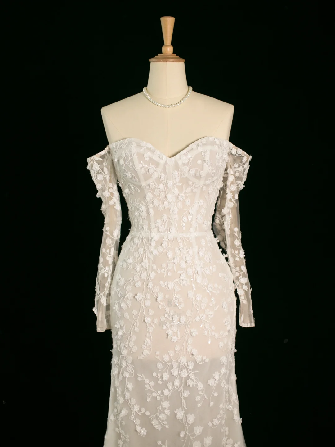 Vestido de novia elegante de corte sirena con hombros descubiertos, blanco, manga larga, encaje, estilo vintage, DH393