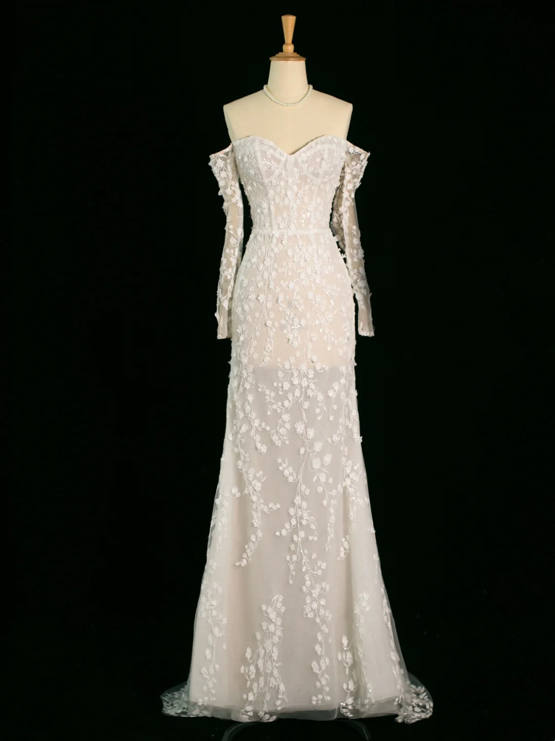Vestido de novia elegante de corte sirena con hombros descubiertos, blanco, manga larga, encaje, estilo vintage, DH393