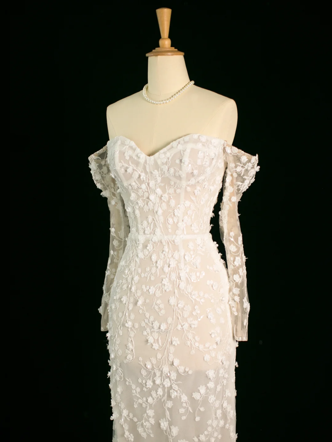 Vestido de novia elegante de corte sirena con hombros descubiertos, blanco, manga larga, encaje, estilo vintage, DH393
