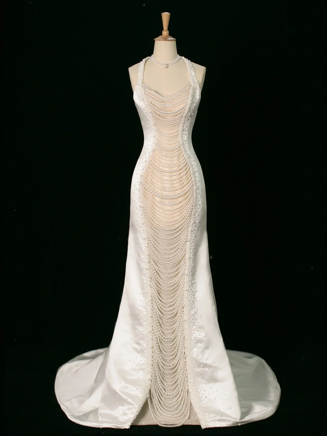 Vestido de novia elegante de corte sirena, estilo halter, de satén blanco, sin mangas, largo, vintage, DH394