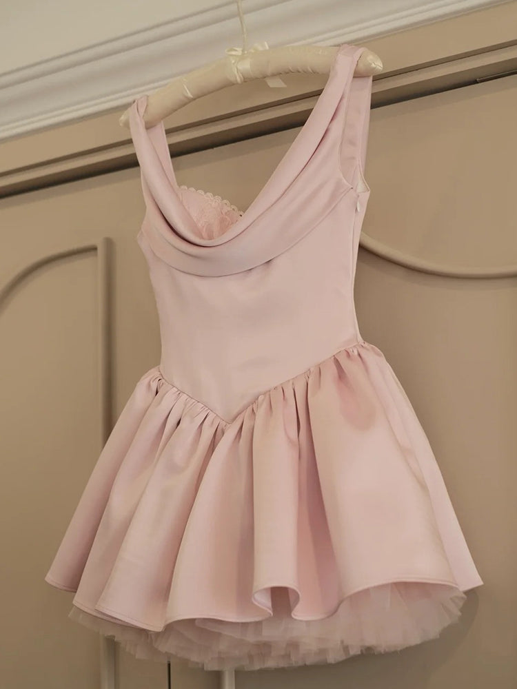 Hermosos vestidos de fiesta cortos de satén rosa con tirantes en forma de A para octavo grado, vestido de verano para escuela secundaria, atuendos para fiesta de bienvenida DH422