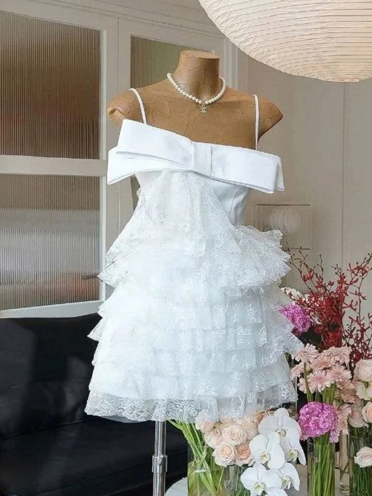 Vestidos de fiesta cortos de encaje con tirantes finos, corte A, modernos, para octavo grado, de verano, para escuela secundaria, DH423