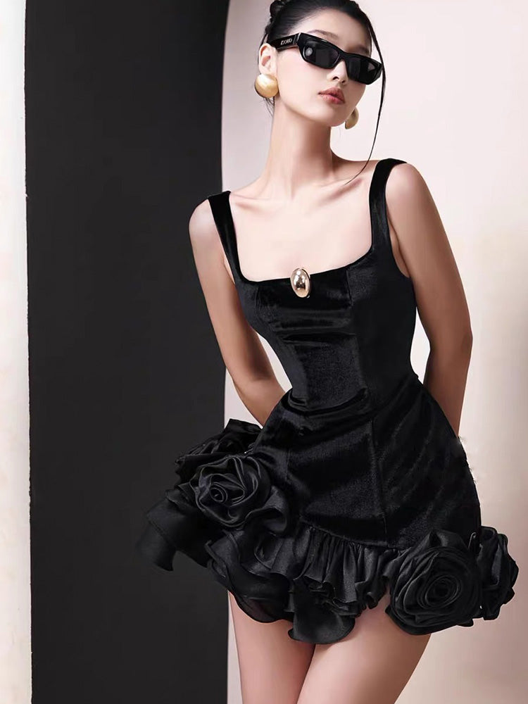 Hermosos vestidos de fiesta cortos de terciopelo negro con corte cuadrado para octavo grado, vestido de verano para escuela secundaria, atuendos para fiesta de bienvenida DH424