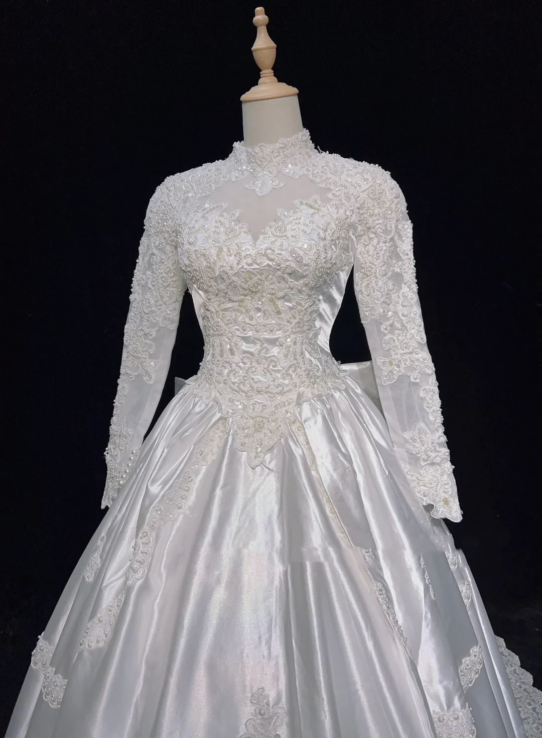 Vestido de novia retro de los años 50 y 40, con cuello alto, encaje, blanco, manga larga, DH544