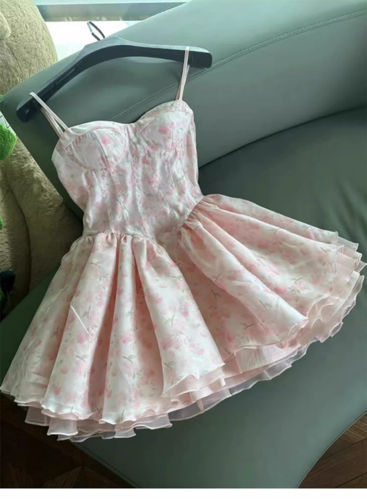 Cute Ball Gown Spaghetti Straps Floral Pink Short Homecoming Dress Summer Middle School Formal 8th Grade Hoco Dresses Summer Homecoming Outfits DH589