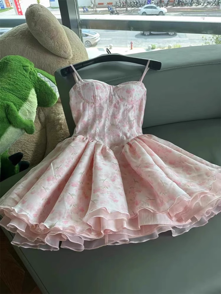 Cute Ball Gown Spaghetti Straps Floral Pink Short Homecoming Dress Summer Middle School Formal 8th Grade Hoco Dresses Summer Homecoming Outfits DH589