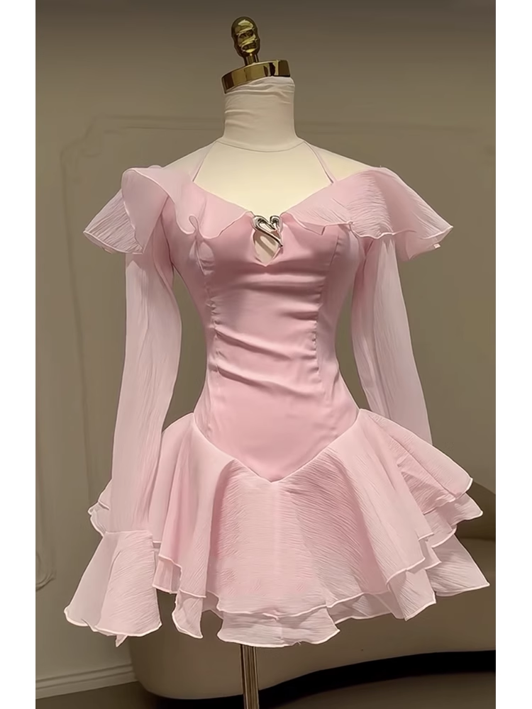Simple A line Off The Shoulder Pink Chiffon Short Mini Homecoming Dress Summer Hoco Dresses Mini Cocktail Dress DH627