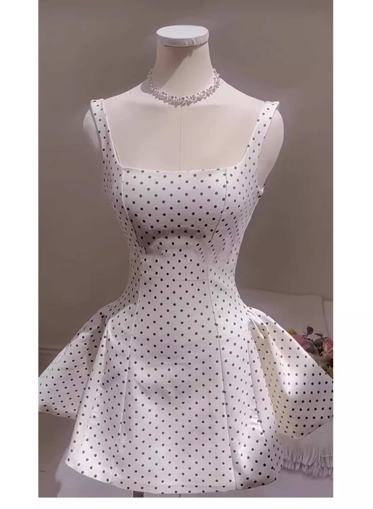 Cute A line Square Neck White Polka Dots Satin Mini Short Formal 8th Grade Homecoming Dresses Summer Middle School Hoco Dress Homecoming Outfits Birthday Dress DH631