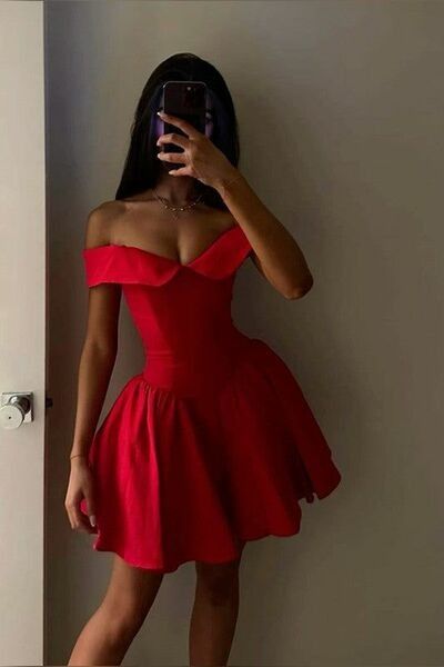 Vestido de fiesta corto rojo con hombros descubiertos para octavo grado, vestido de cóctel para secundaria, trajes Hoco DH1664