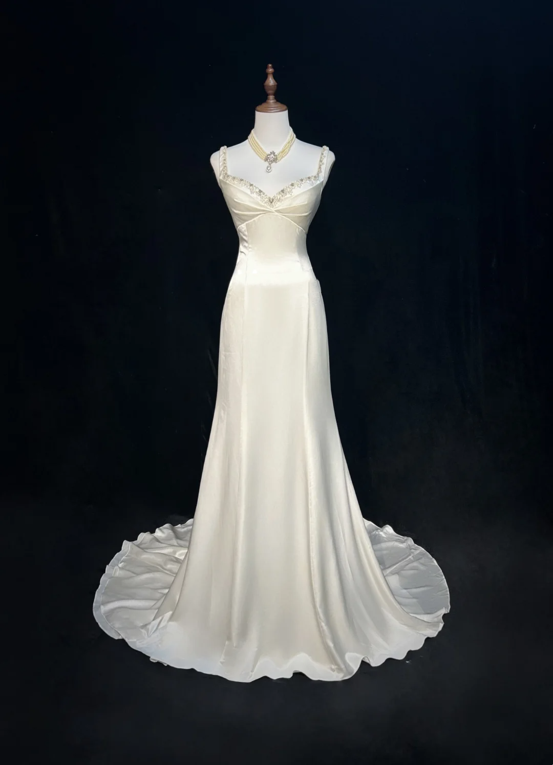 Vestidos de novia vintage de sirena con tirantes finos, satén blanco y cuentas, largos, años 40 y 50, elegantes vestidos de novia DH677