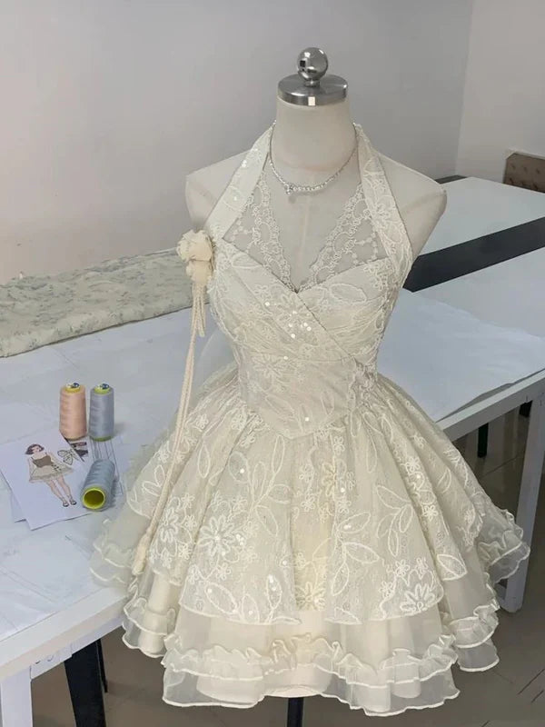 Vintage Ivory Lace A-Line Homecoming Dress Sequin Party Dress Short Halter-neck Cocktail Dress TP4630