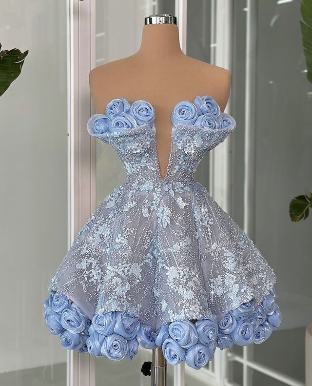 Vestidos cortos elegantes de Hoco, corte A, sin tirantes, con lentejuelas, minivestidos azules formales para el regreso a casa de octavo grado, trajes de verano para el regreso a casa de la escuela secundaria DH70